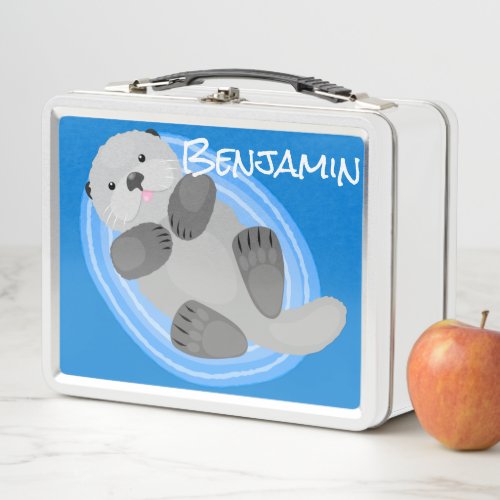 Cute happy sea otter blue cartoon illustration metal lunch box