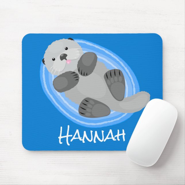 Cute happy sea otter blue cartoon illustration mouse pad (With Mouse)