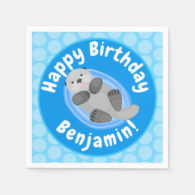 Cute happy sea otter blue cartoon illustration napkins (Front)