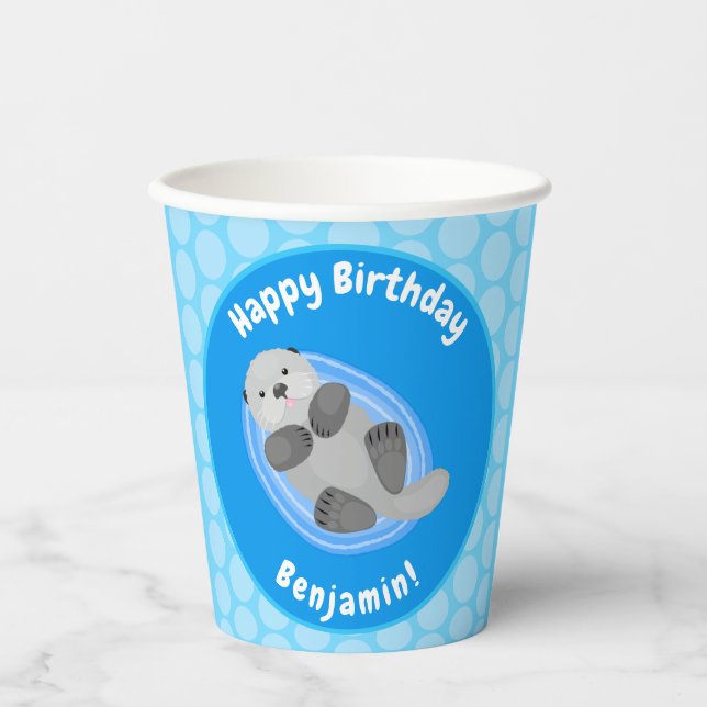 Cute happy sea otter blue cartoon illustration paper cups (Front)