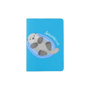 Cute happy sea otter blue cartoon illustration passport holder