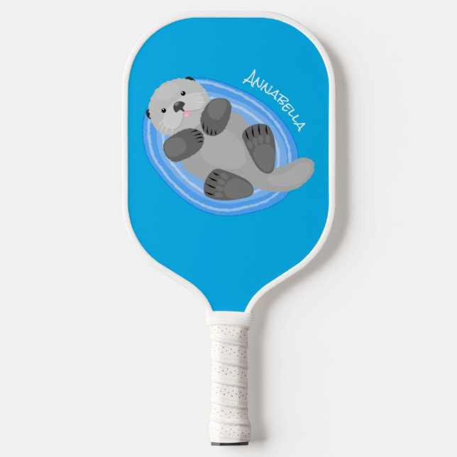 Cute happy sea otter blue cartoon illustration pickleball paddle (Front)