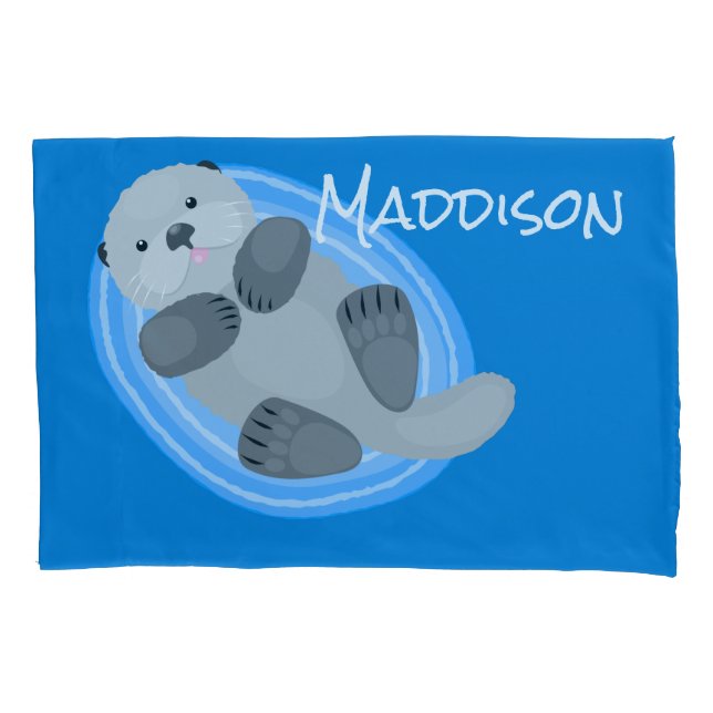 Cute happy sea otter blue cartoon illustration pillow case (Front)