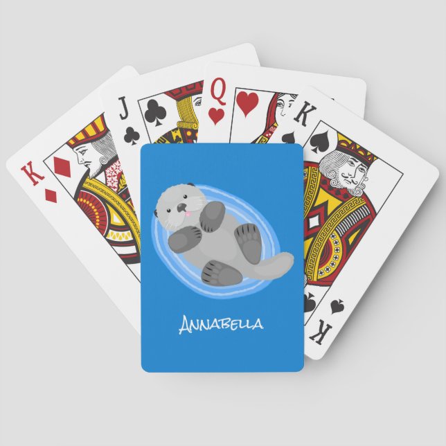 Cute happy sea otter blue cartoon illustration poker cards (Back)
