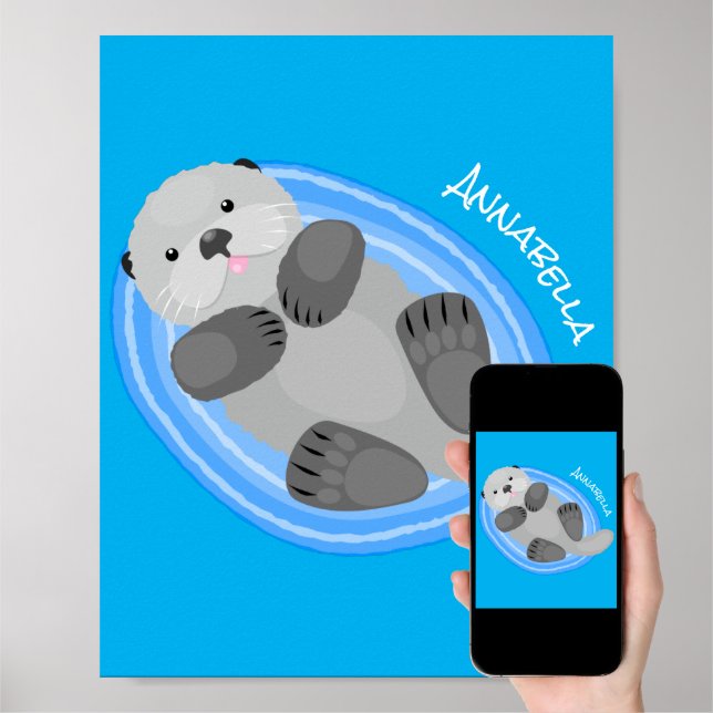 Cute happy sea otter blue cartoon illustration poster