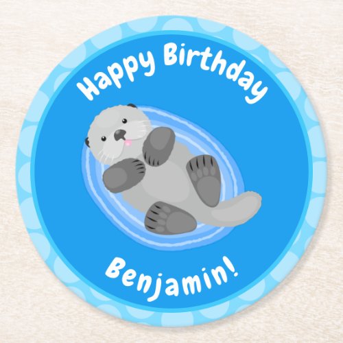 Cute happy sea otter blue cartoon illustration round paper coaster