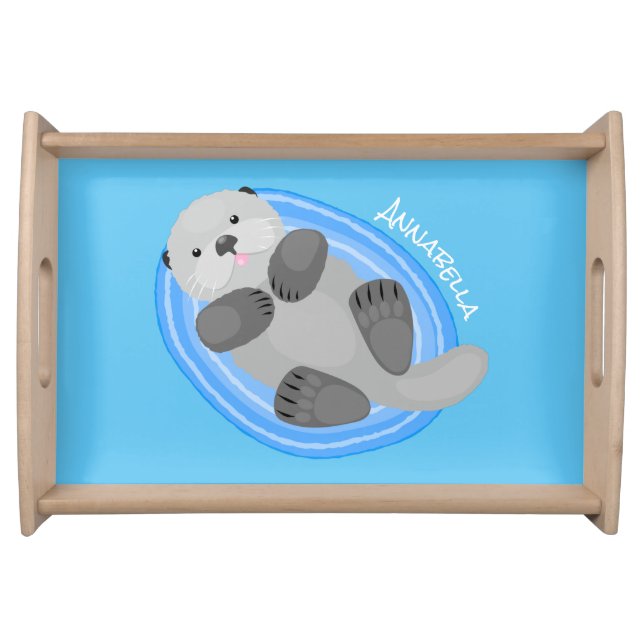 Cute happy sea otter blue cartoon illustration serving tray (Front)