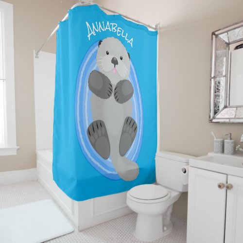 Cute happy sea otter blue cartoon illustration shower curtain