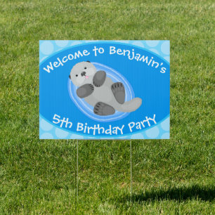Cute happy sea otter blue cartoon illustration sign