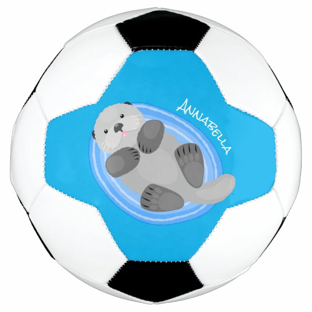 Cute happy sea otter blue cartoon illustration soccer ball (Front)