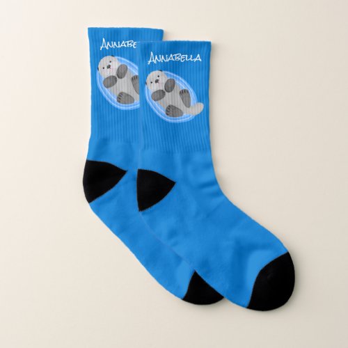 Cute happy sea otter blue cartoon illustration socks