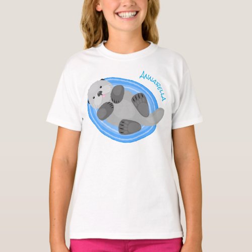 Cute happy sea otter blue cartoon illustration T_Shirt