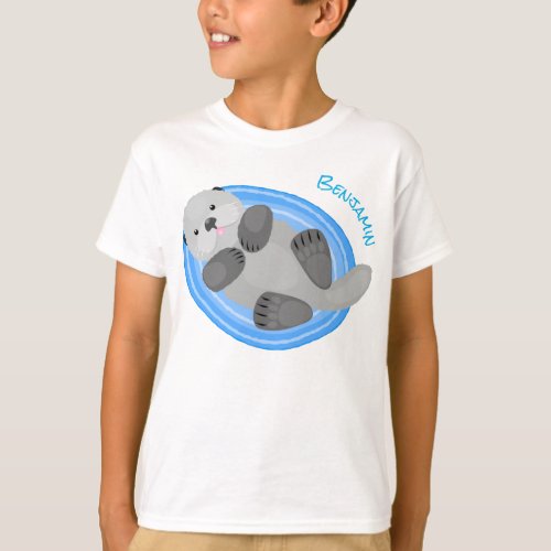 Cute happy sea otter blue cartoon illustration T_Shirt