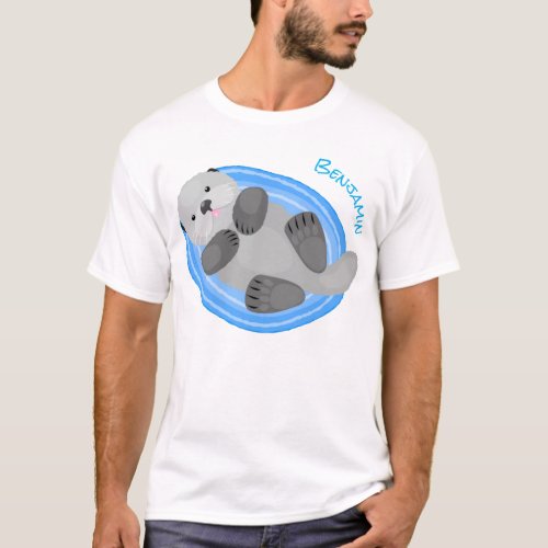 Cute happy sea otter blue cartoon illustration T_Shirt