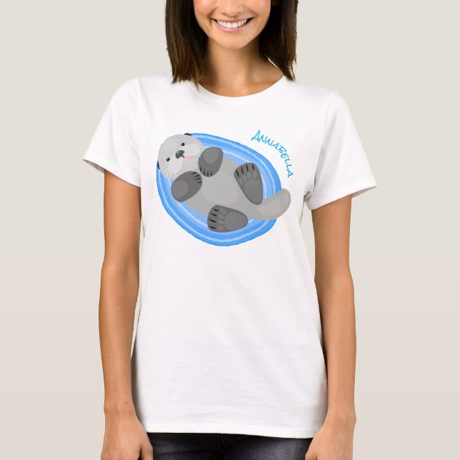 Cute happy sea otter blue cartoon illustration T-Shirt (Front)