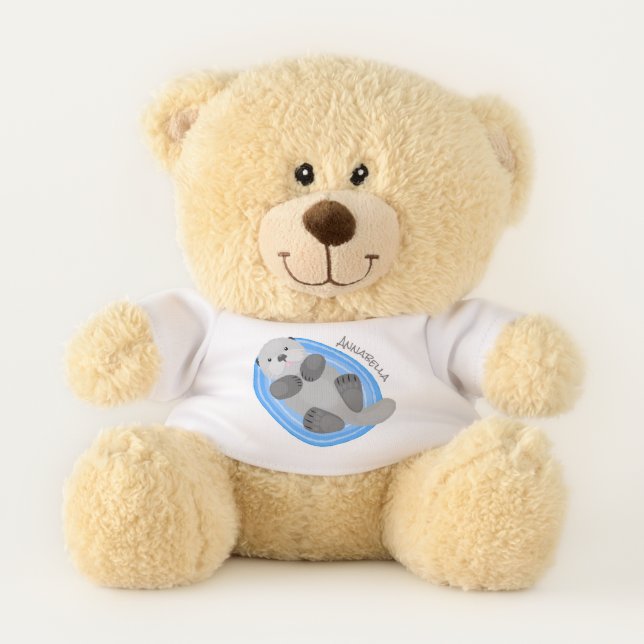 Cute happy sea otter blue cartoon illustration teddy bear (Front)