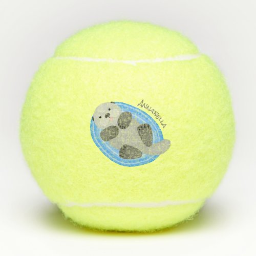 Cute happy sea otter blue cartoon illustration tennis balls