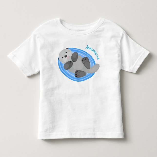 Cute happy sea otter blue cartoon illustration toddler t-shirt (Front)