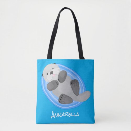 Cute happy sea otter blue cartoon illustration tote bag