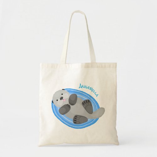 Cute happy sea otter blue cartoon illustration tote bag