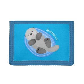 Cute happy sea otter blue cartoon illustration tri-fold wallet