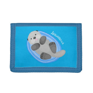 Cute happy sea otter blue cartoon illustration tri-fold wallet