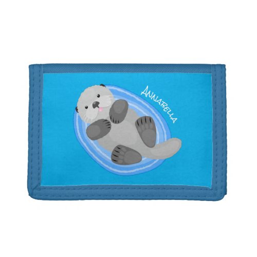 Cute happy sea otter blue cartoon illustration trifold wallet