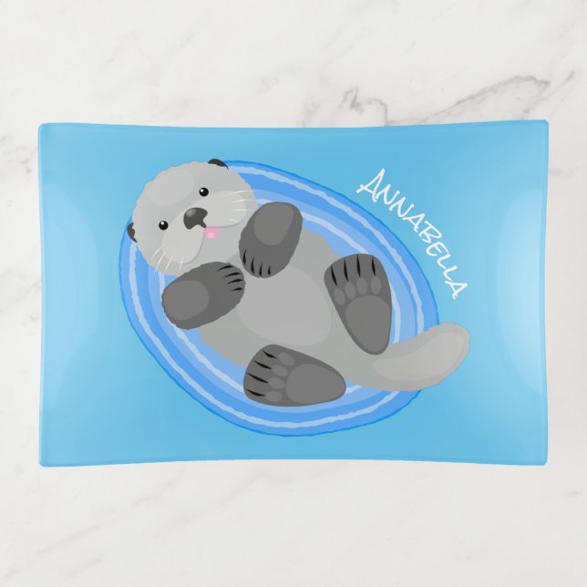 Cute happy sea otter blue cartoon illustration trinket tray (Front)