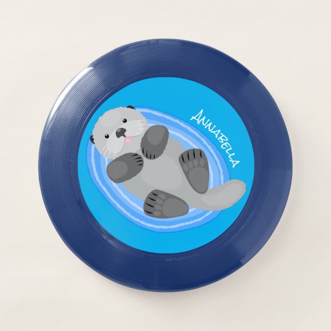Cute happy sea otter blue cartoon illustration Wham-O frisbee (Front)