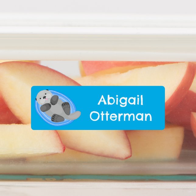 Cute happy sea otter blue cartoon personalized labels (Affixed)