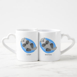 Cute happy sea otter cartoon illustration coffee mug set