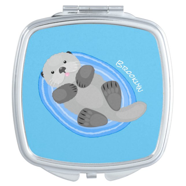 Cute happy sea otter cartoon illustration compact mirror (Front)