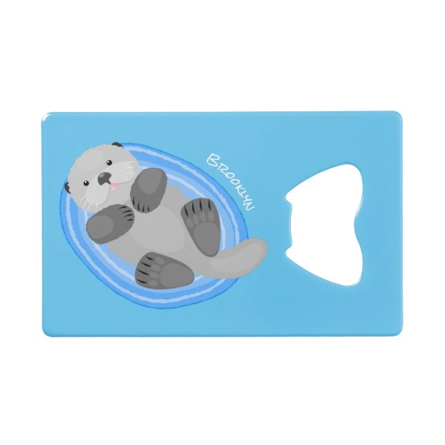Cute happy sea otter cartoon illustration credit card bottle opener (Front (Horizontal))