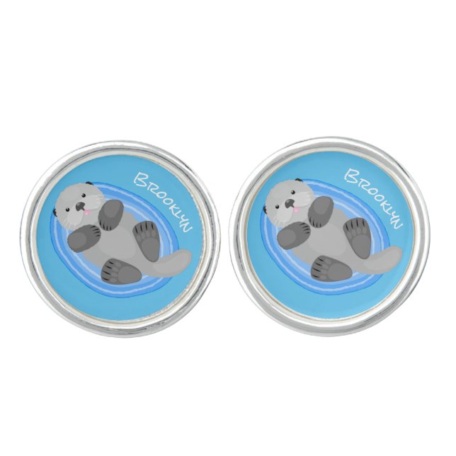 Cute happy sea otter cartoon illustration cufflinks (Front)