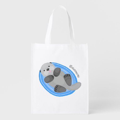 Cute happy sea otter cartoon illustration grocery bag