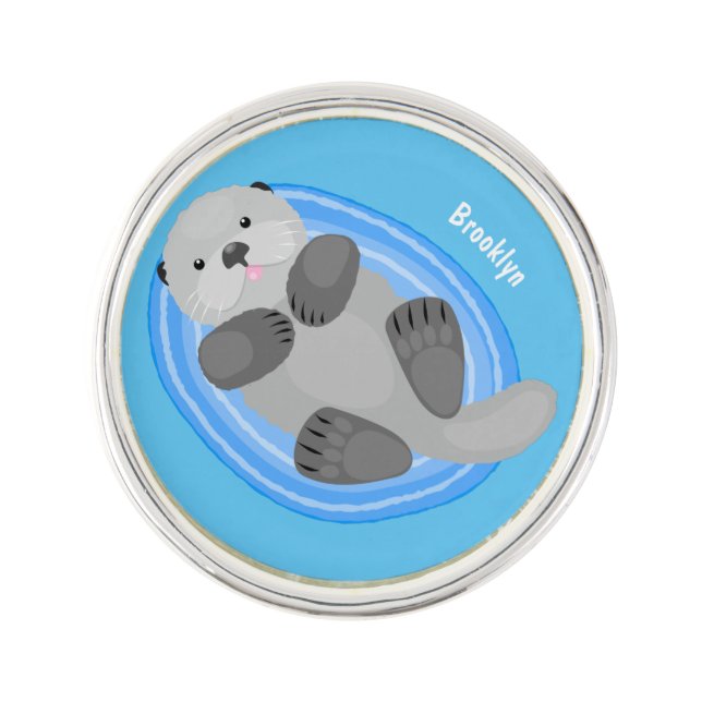 Cute happy sea otter cartoon illustration lapel pin (Front)