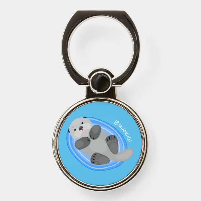 Cute happy sea otter cartoon illustration phone ring stand (Front)
