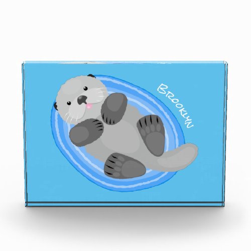 Cute happy sea otter cartoon illustration photo block