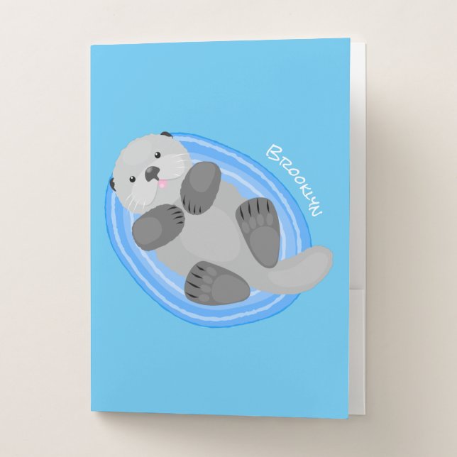 Cute happy sea otter cartoon illustration pocket folder (Front)