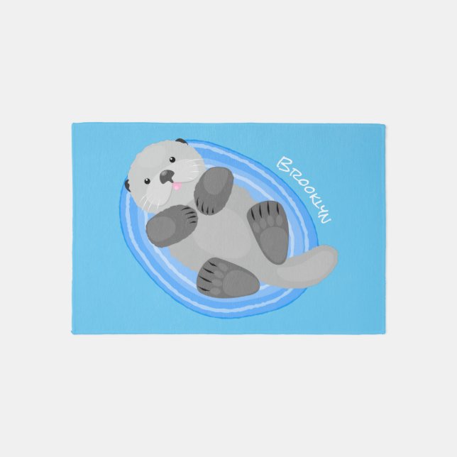 Cute happy sea otter cartoon illustration rug (Front)