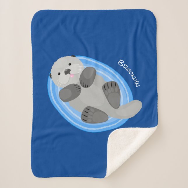 Cute happy sea otter cartoon illustration sherpa blanket (Front)