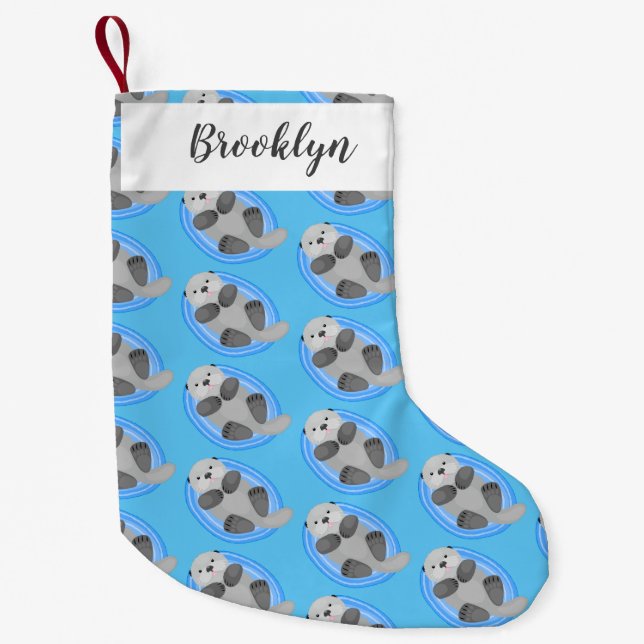 Cute happy sea otter cartoon illustration small christmas stocking (Front)