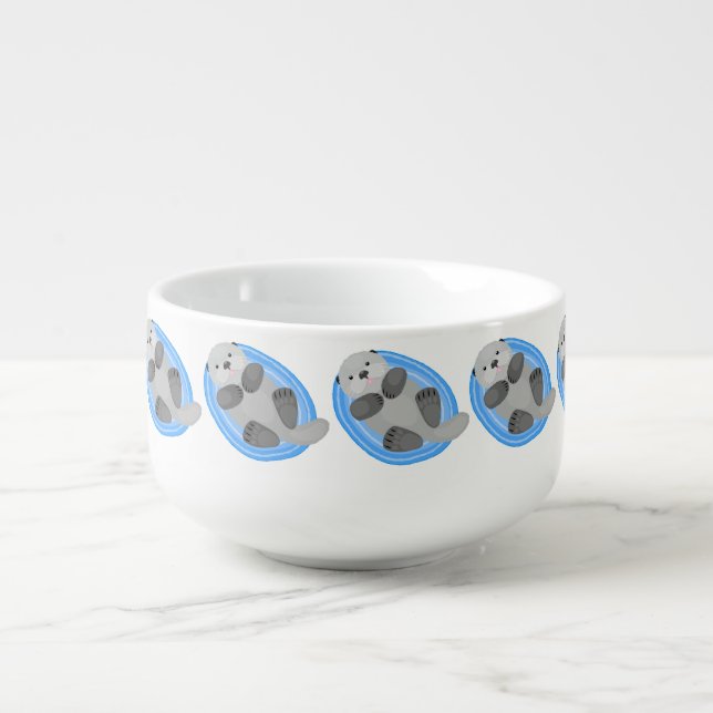 Cute happy sea otter cartoon illustration soup mug (Front)