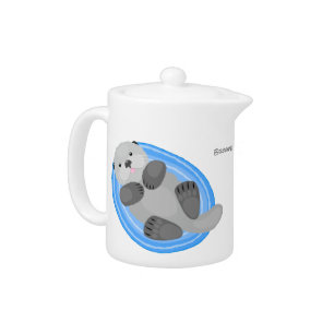 Cute happy sea otter cartoon illustration teapot