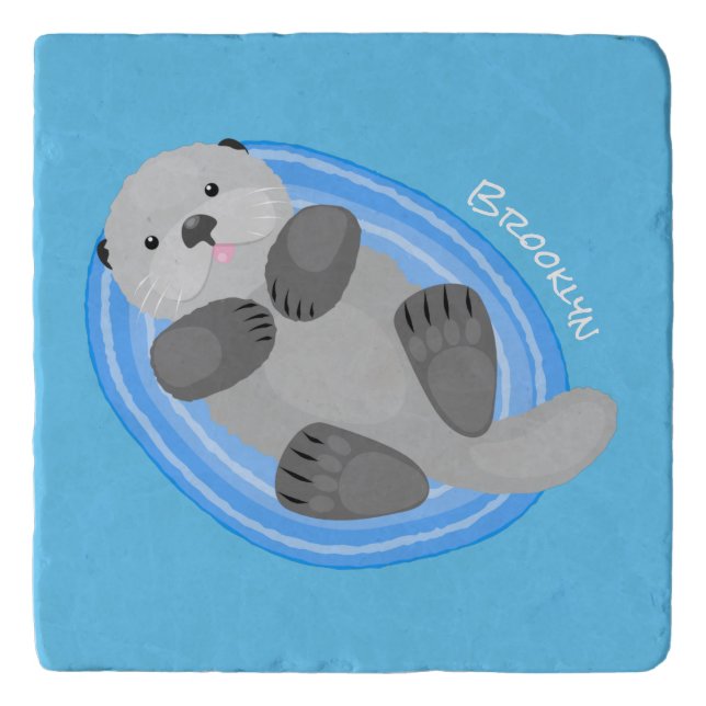 Cute happy sea otter cartoon illustration trivet (Front)