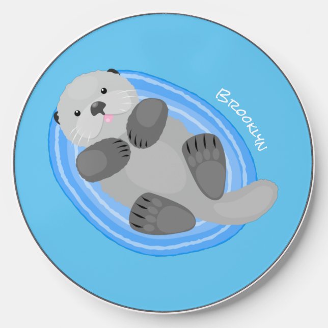 Cute happy sea otter cartoon illustration wireless charger  (Front)