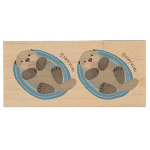 Cute happy sea otter cartoon illustration wood flash drive