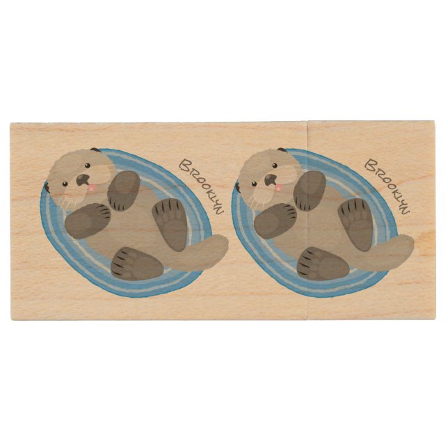 Cute happy sea otter cartoon illustration wood flash drive (Front)