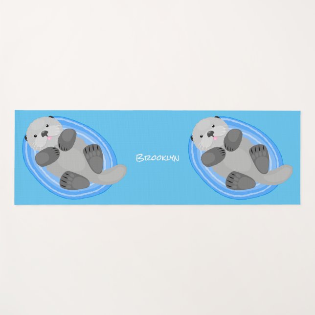 Cute happy sea otter cartoon illustration yoga mat (Front (Horizontal))