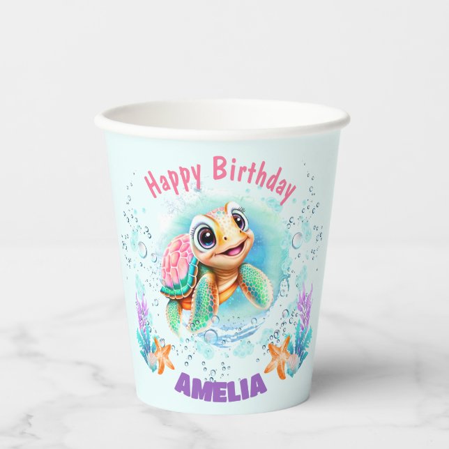 Cute Happy Sea Turtle 1st Birthday Colorful Paper Cups (Front)